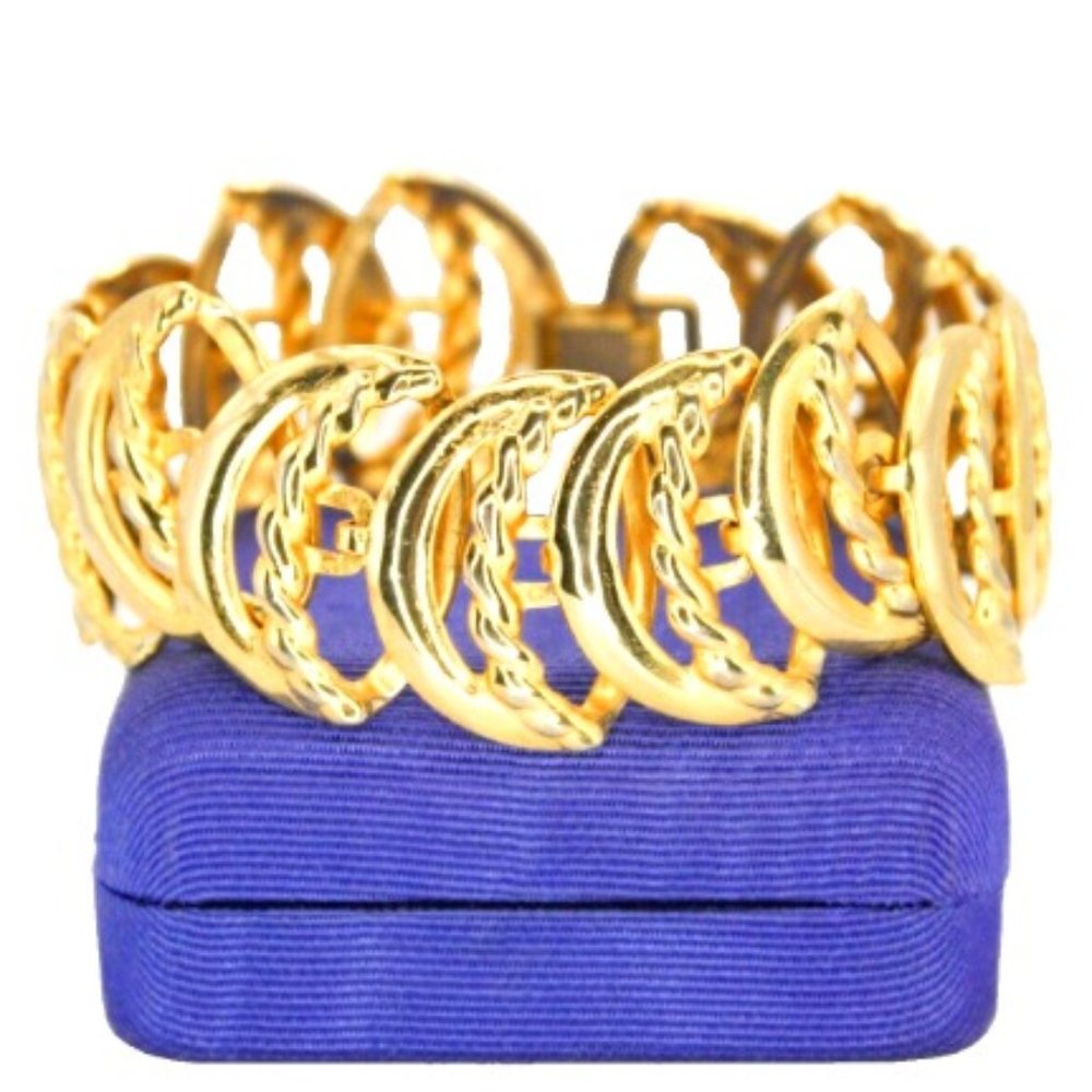 Vintage Crescent Moon Wide Link Panel Bracelet Gold Tone